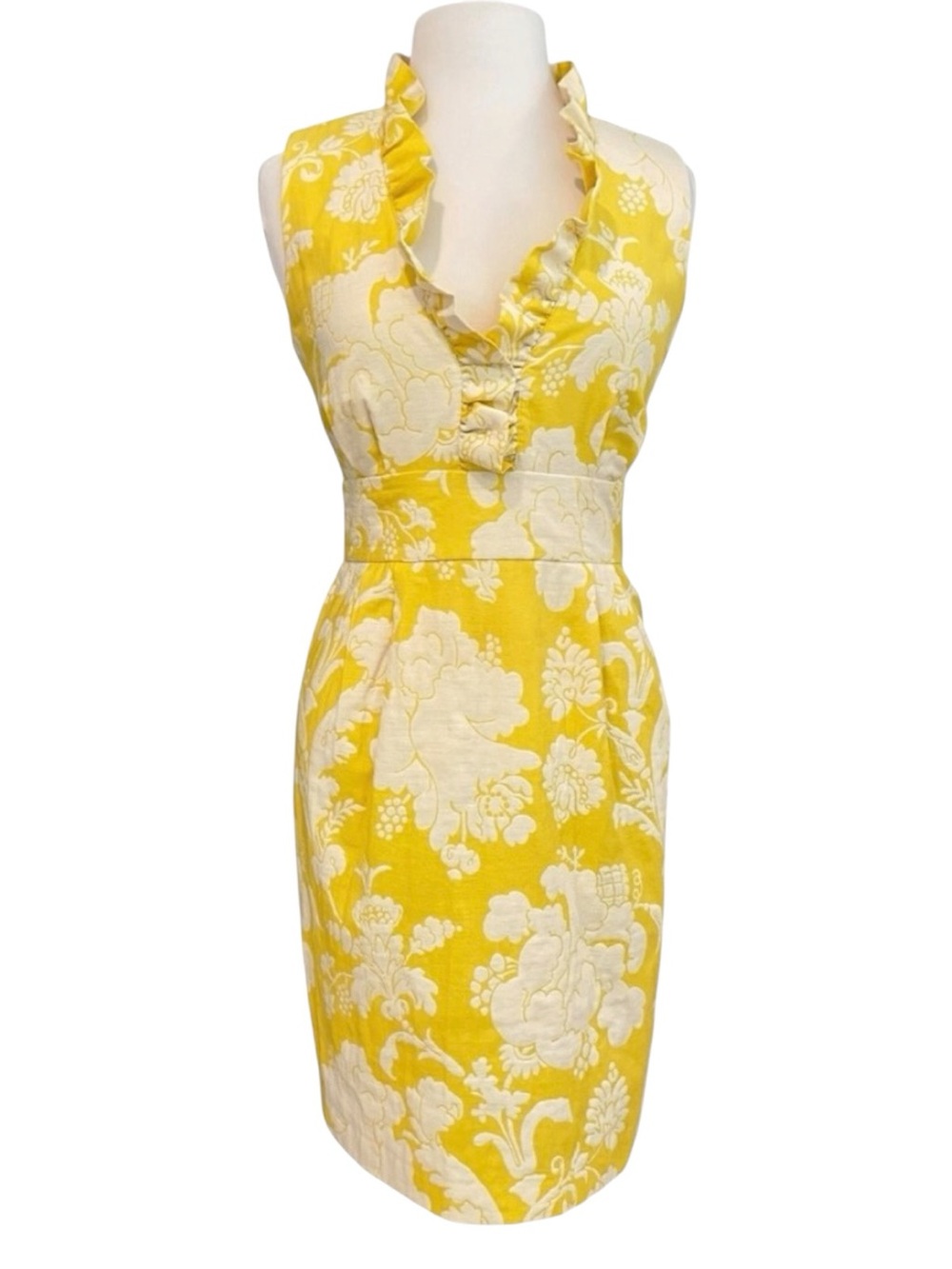 Stunning New direction fitted dress yellow &white jacquard floral empire size 10